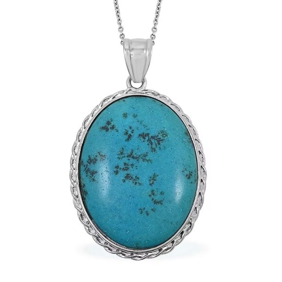 NEW Oval African Turquoise Jasper Gemstone Pendant in Silvertone - Picture 1 of 4
